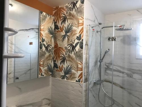 W łazience znajduje się prysznic i lustro. w obiekcie Appartement avec piscine - rez de jardin w mieście Pailhès