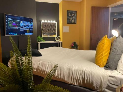 a bedroom with a large bed with a tv on the wall at Cosy City Centre Apartment with Parking in Birmingham