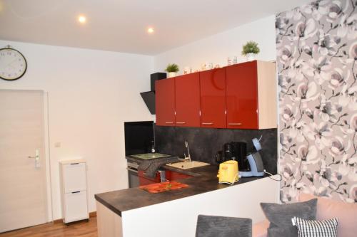 a kitchen with red cabinets and a counter top at Zur-kleinen-Auszeit in Benneckenstein