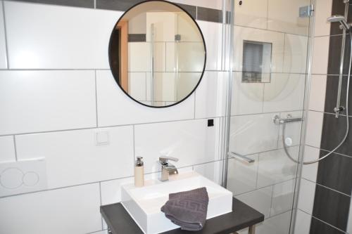 a bathroom with a sink and a mirror at Zur-kleinen-Auszeit in Benneckenstein