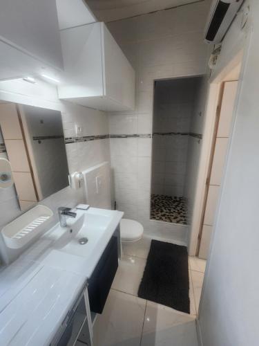 une salle de bain blanche avec un lavabo et des toilettes dans l'établissement Studio meublé avec cuisine, à Saint-Alban-du-Rhône