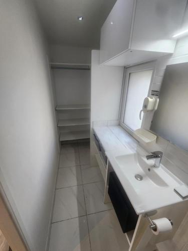 une salle de bain avec un lavabo et un miroir dans l'établissement Studio meublé avec cuisine, à Saint-Alban-du-Rhône