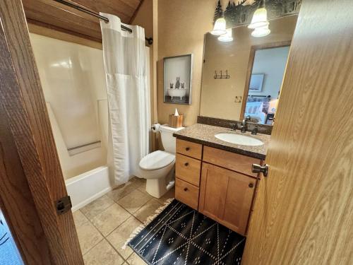 a bathroom with a sink and a toilet and a mirror at Cozy Townhome at Lutsen Mtn - Ski-in, Ski-out, Pool, Hot Tub, Fitness Center, resort amenities galore! in Lutsen