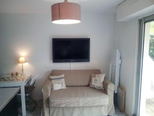 un salon avec un canapé et une télévision au mur dans l'établissement REPOS Au bord de la mer, à Villers-sur-Mer