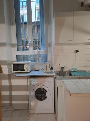 une cuisine avec une machine à laver et un évier dans l'établissement Dominik, à Villejuif