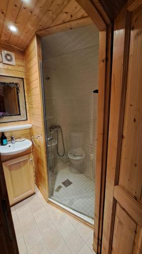 une salle de bain avec une douche avec une porte vitrée dans l'établissement Roulotte viticole, à Loulle