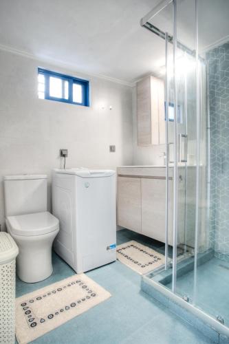 a bathroom with a toilet and a glass shower at Kate's house MJT in Mytilene