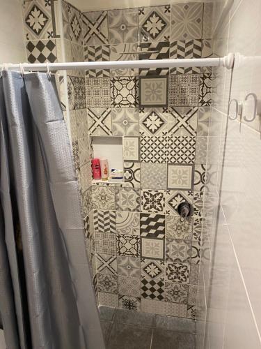 a bathroom with a shower with a tiled wall at Encantador estudio in Buenos Aires