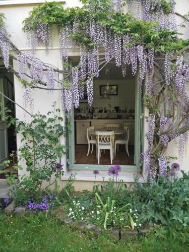 un jardin avec des glycines suspendues à une pergola dans l'établissement Maison de campagne à Paris, à Paris