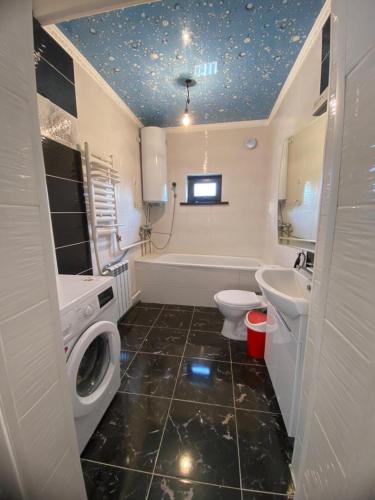 a bathroom with a toilet sink and a washing machine at GULMIRA guest house in Kazarman