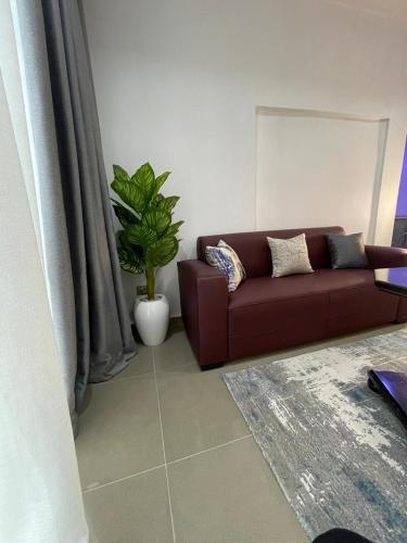 a living room with a brown couch and a plant at Wine House, Maitama, Abuja in Abuja