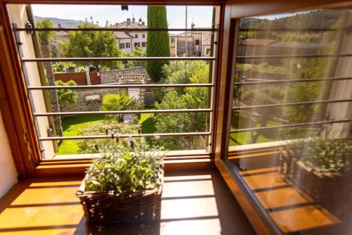 an open window with two potted plants on a window sill at B&B Antico Borgo Marcemigo in Tregnago