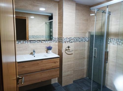 a bathroom with a sink and a shower at Casa vacacional Los Enserados in Renedo de Piélagos