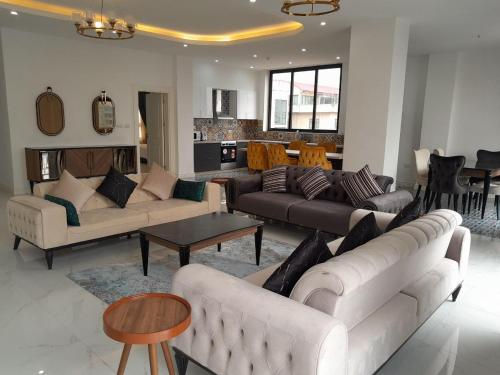 a large living room with couches and a table at Zemilo Hotel Apartment in Addis Ababa
