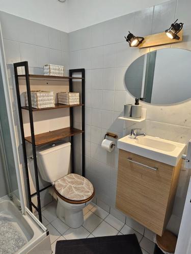 une salle de bain avec toilettes, lavabo et miroir dans l'établissement Le Relax Studio, à Cherbourg en Cotentin