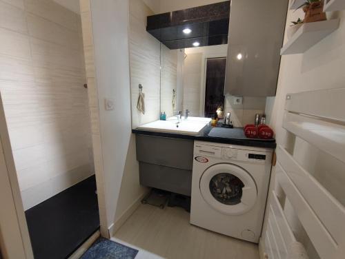 une petite cuisine avec une machine à laver et un évier dans l'établissement Horizon, à Vannes