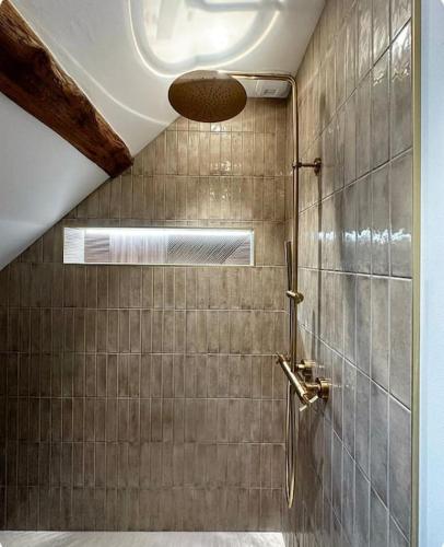 La salle de bains est pourvue d'une douche et d'un plafond. dans l'établissement Le Triplex du Quai, à Bouchemaine