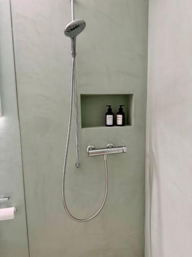 a shower in a bathroom with two bottles on a shelf at Modernes Appartement "Mayfair" Zürich Balgrist & Spital in Zürich
