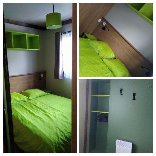 - deux photos d'une chambre avec un lit vert dans l'établissement chalet, à Onesse-et-Laharie