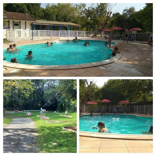 un collage de deux photos d'une piscine dans l'établissement chalet, à Onesse-et-Laharie