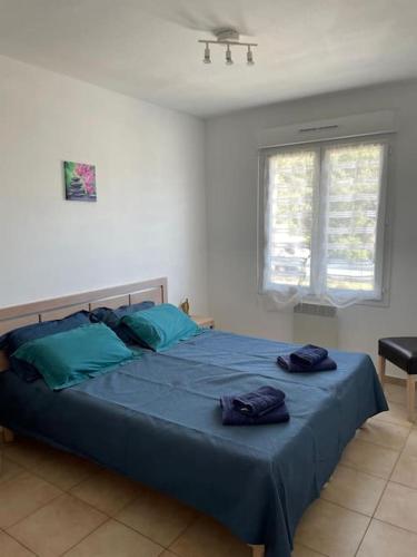 une chambre avec un grand lit bleu avec des oreillers bleus dans l'établissement Appartement ,500m de la mer, à Santa-Maria-Poggio