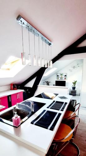 une cuisine avec un évier et un comptoir dans l'établissement Le Paradis de Sophie, au Havre