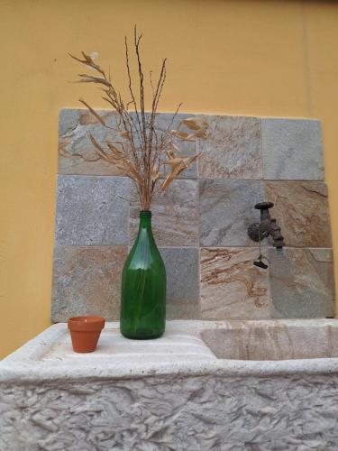 a green vase with branches in it sitting on a table at Casa Vacanze Geppy e Minù Gole Alcantara in Motta Camastra
