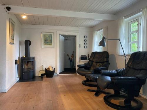 a living room with two chairs and a fireplace at Hyggeligt sommerhus med privat have in Brundbymark