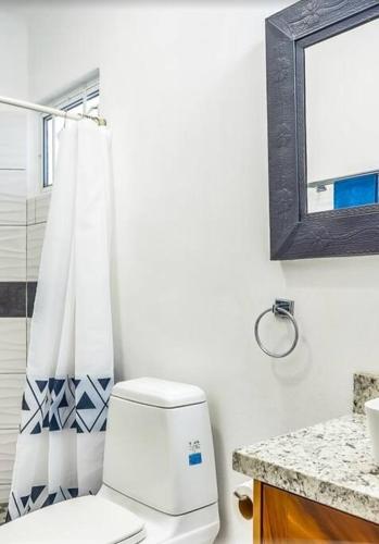a bathroom with a toilet and a sink and a mirror at Oceanfront-Ocean View in Bucerias Casita Oasis Condo - Large Studio in Bucerías