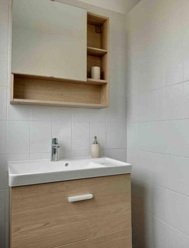 une salle de bain avec un lavabo blanc et une douche dans l'établissement Le Joseph - 5 minutes du centre ville, à Compiègne