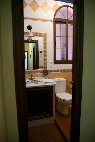 a bathroom with a toilet and a sink and a mirror at Casa Rural LA ENCINA in Hornachuelos