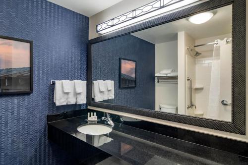 a bathroom with a sink and a large mirror at Fairfield Inn & Suites by Marriott Commerce in Commerce