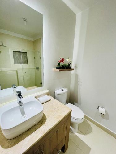 a bathroom with a sink and a toilet and a mirror at Villa 8 frente al mar in Zihuatanejo