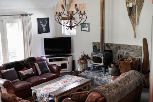 a living room with leather couches and a fireplace at Jagungal 2 - Thredbo in Thredbo