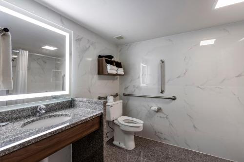 a bathroom with a toilet and a sink and a mirror at Best Western Plus St. Louis West-Westport in Maryland Heights
