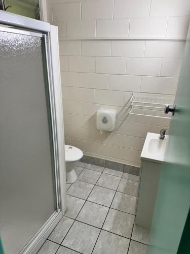 a bathroom with a toilet and a sink and a shower at Kalka Palms Hotel Motel in Rockhampton