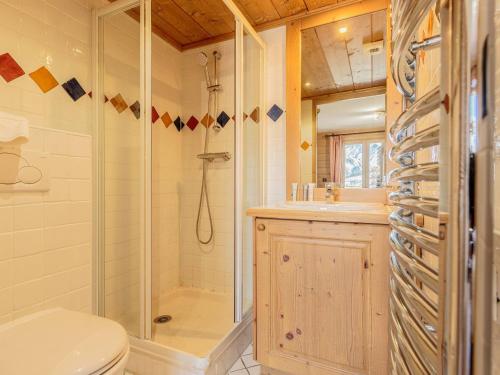 a bathroom with a shower and a toilet and a sink at Luxueux Apt 8pers avec piscine & spa, pied de pistes, St Martin de Belleville - FR-1-461-13 in Saint-Martin-de-Belleville