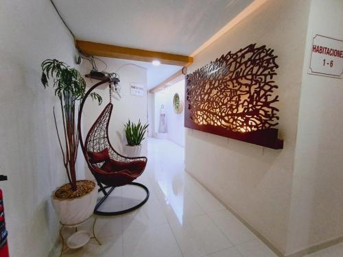 a hallway with a chair and plants on the wall at Hotel Anturio in Dolores Hidalgo