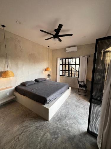 a bedroom with a bed and a ceiling fan at Ocean View, Gorgeous Rooftop, AC, Wifi & Peaceful in Todos Santos
