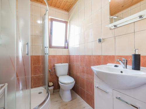 a bathroom with a toilet and a sink and a shower at "Widokowe Wzgórze"domki z widokiem na jezioro w Polańczyku z klimatyzacją in Polańczyk