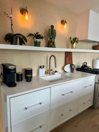 a kitchen with a sink and a counter top at Modern Home with private beach on St. Croix River in Lakeland