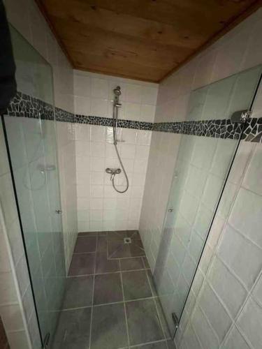 une douche avec une porte vitrée dans une salle de bain dans l'établissement Lovely 4 bedroom apt ski-in ski-out with sauna, aux Houches