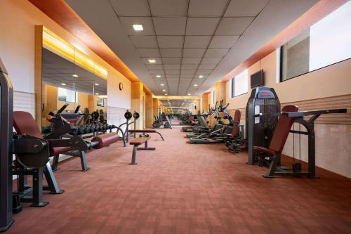 a gym with a row of treadmills and machines at Ramada Ajmer in Kishangarh