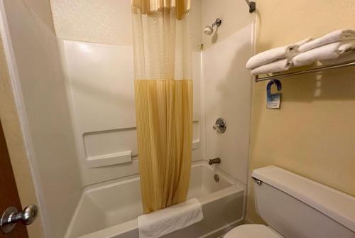 a bathroom with a shower curtain and a toilet at Days Inn by Wyndham Renfro Valley Mount Vernon in Mount Vernon