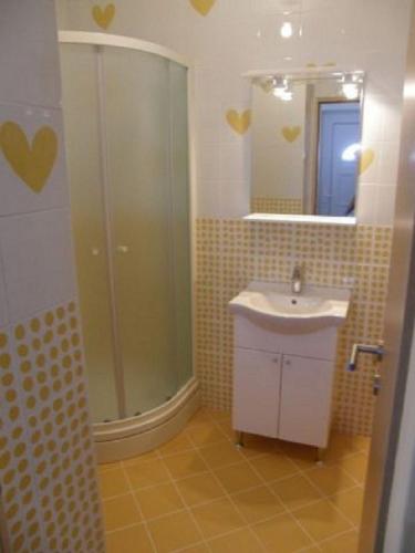 a bathroom with a sink and a shower with a mirror at Apartments Rusulica in Vinišće