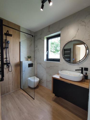 a bathroom with a sink and a toilet and a mirror at Domki na Lubczykowej in Ostre