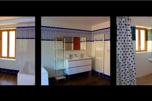 deux photos d'une salle de bain avec un lavabo et une baignoire dans l'établissement Gîte des 3 pays, entre Corrèze,Dordogne et Lot, à Cublac
