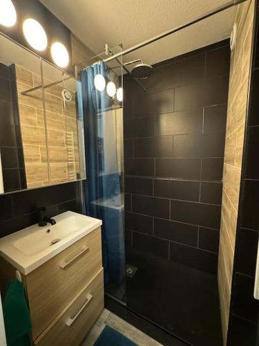 une salle de bain avec une douche, un lavabo et un miroir dans l'établissement Appartement Cap d'Agde centre port, au Cap d'Agde