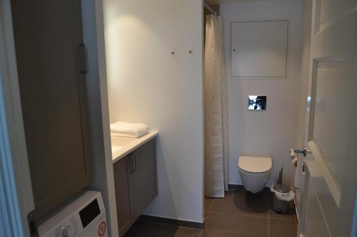 a small bathroom with a toilet and a sink at Hotel Lille Nyhavn in Skanderborg