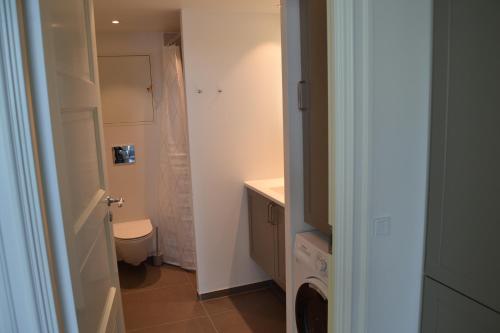 a small bathroom with a toilet and a sink at Hotel Lille Nyhavn in Skanderborg
